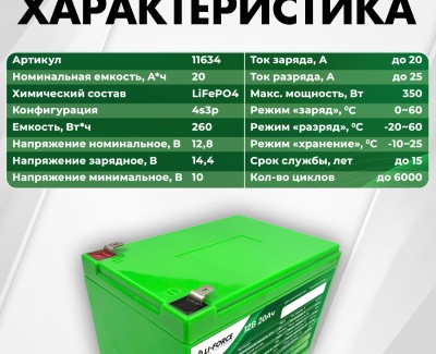 Аккумуляторная батарея 12В 20Ач LF-1220-11634 (LiFePO4, 4S3P, 32700-6,7Ah, P)