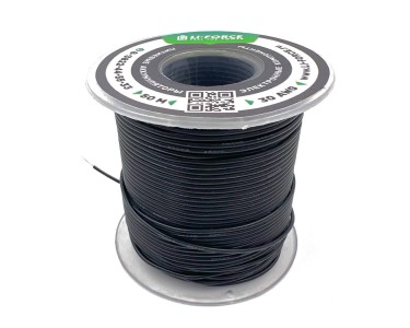 На катушке Медный провод 30AWG 50м 0,06 кв.мм (11*0,08мм) (черный, UL3135) LFW-30B в мягкой силиконовой изоляции