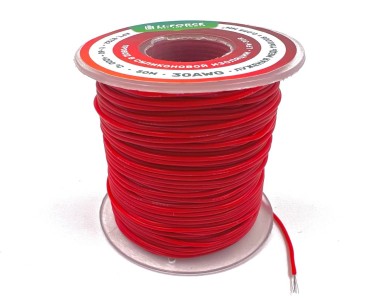 На катушке Медный провод 30AWG 50м 0,06 кв.мм (11*0,08мм) (красный, UL3135) LFW-30R в мягкой силиконовой изоляции