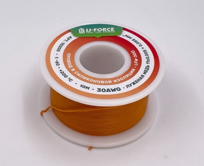 На катушке Медный провод 30AWG 10м 0,06 кв.мм (11*0,08мм) (оранжевый, UL3135) LFW-30O в мягкой силиконовой изоляции