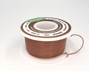 На катушке Медный провод 30AWG 10м 0,06 кв.мм (11*0,08мм) (коричневый, UL3135) LFW-30Br в мягкой силиконовой изоляции