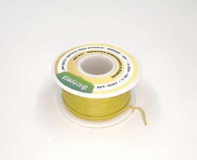На катушке Медный провод 30AWG 10м 0,06 кв.мм (11*0,08мм) (желтый, UL3135) LFW-30Y в мягкой силиконовой изоляции
