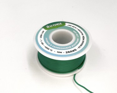 На катушке Медный провод 28AWG 10м 0,08 кв.мм (16*0,08мм) (зеленый, UL3135) LFW-28G в мягкой силиконовой изоляции