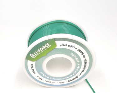 На катушке Медный провод 28AWG 10м 0,08 кв.мм (16*0,08мм) (зеленый, UL3135) LFW-28G в мягкой силиконовой изоляции