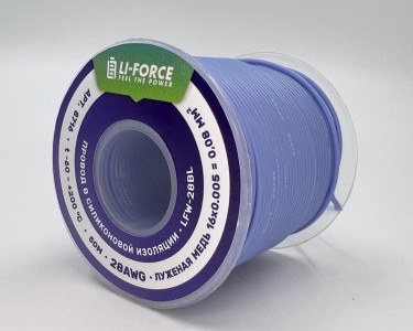 На катушке медный провод 28AWG 50м 0,08 кв.мм (16*0,08мм) (синий, UL3135) LFW-28Bl в мягкой силиконовой изоляции