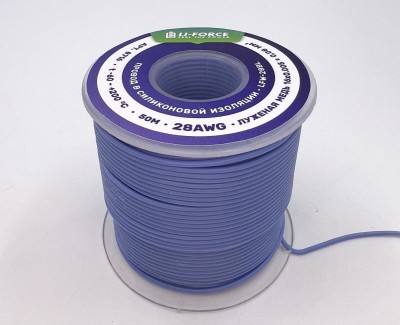 На катушке медный провод 28AWG 50м 0,08 кв.мм (16*0,08мм) (синий, UL3135) LFW-28Bl в мягкой силиконовой изоляции