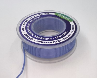 На катушке Медный провод 28AWG 20м 0,08 кв.мм (16*0,08мм) (синий, UL3135) LFW-28Bl в мягкой силиконовой изоляции