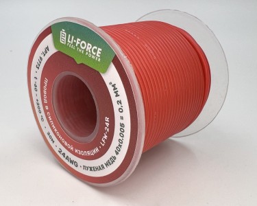 На катушке Медный провод 24AWG 30м 0,2 кв.мм (40*0,08мм) (красный, UL3135) LFW-24R в мягкой силиконовой изоляции