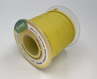 На катушке Медный провод 24AWG 30м 0,2 кв.мм (40*0,08мм) (желтый, UL3135) LFW-24Y в мягкой силиконовой изоляции