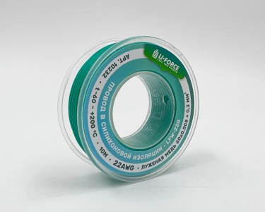На катушке Медный провод 22AWG 10м 0,3 кв.мм (60*0,08мм) (зеленый, UL3135) LFW-22G в мягкой силиконовой изоляции