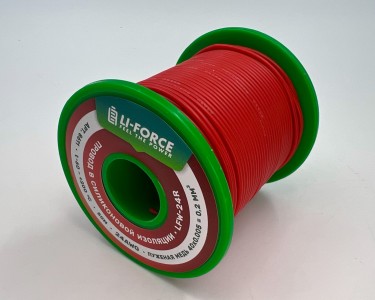 На катушке Медный провод 24AWG 50м 0,2 кв.мм (40*0,08мм) (красный, UL3135) LFW-24R в мягкой силиконовой изоляции