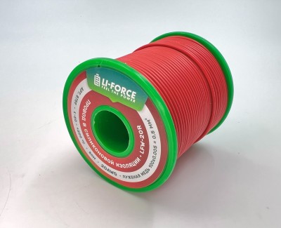 На катушке медный провод 20AWG 50м 0,5 кв.мм (100*0,08мм) (красный, UL3135) LFW-20R в мягкой силиконовой изоляции