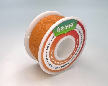 На катушке Медный провод 30AWG 20м 0,06 кв.мм (11*0,08мм) (оранжевый, UL3135) LFW-30O в мягкой силиконовой изоляции