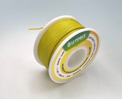 На катушке Медный провод 30AWG 20м 0,06 кв.мм (11*0,08мм) (желтый, UL3135) LFW-30Y в мягкой силиконовой изоляции