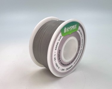 На катушке Медный провод 30AWG 20м 0,06 кв.мм (11*0,08мм) (серый, UL3135) LFW-30Gr в мягкой силиконовой изоляции