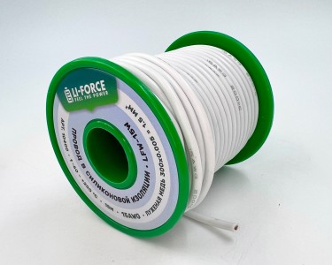На катушке Медный провод 15AWG 15м 1,5 кв.мм (300*0,08мм) (белый, UL3135) LFW-14W в мягкой силиконовой изоляции