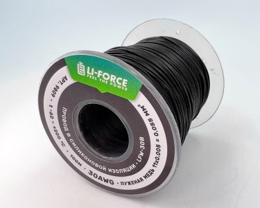 На катушке Медный провод 30AWG 100м 0,06 кв.мм (11*0,08мм) (черный, UL3135) LFW-30B в мягкой силиконовой изоляции