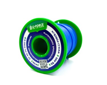 На катушке медный провод 26AWG 50м 0,14 кв.мм (30*0,08мм) (синий, UL3135) LFW-26Bl в мягкой силиконовой изоляции