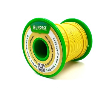 На катушке медный провод 26AWG 50м 0,14 кв.мм (30*0,08мм) (желтый, UL3135) LFW-26Y в мягкой силиконовой изоляции