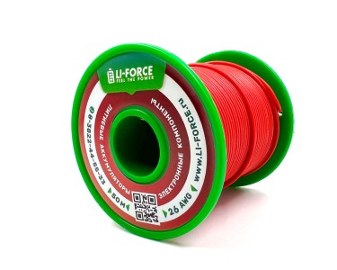 На катушке медный провод 26AWG 50м 0,14 кв.мм (30*0,08мм) (красный, UL3135) LFW-26R в мягкой силиконовой изоляции