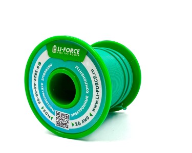 На катушке медный провод 26AWG 50м 0,14 кв.мм (30*0,08мм) (зеленый, UL3135) LFW-26G в мягкой силиконовой изоляции