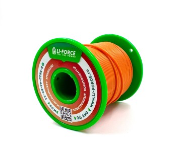 На катушке медный провод 26AWG 50м 0,14 кв.мм (30*0,08мм) (оранжевый, UL3135) LFW-26O 0.004 в мягкой силиконовой изоляции