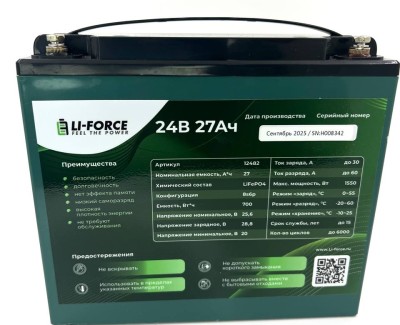 Аккумулятор 24В 27Ач LF-2427-12482 (LiFePO4, 8S6P, CBAK 26700FB2, P)