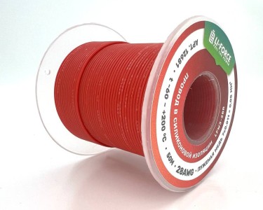 На катушке медный провод 28AWG 50м 0,08 кв.мм (7*0,12мм) (красный, UL3367) LFW3-28R в мягкой силиконовой изоляции