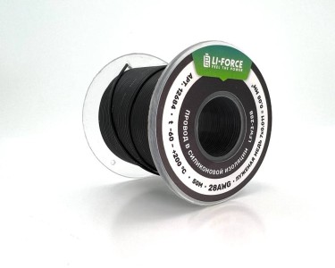 На катушке медный провод 28AWG 50м 0,08 кв.мм (7*0,12мм) (черный, UL3367) LFW3-28B в мягкой силиконовой изоляции